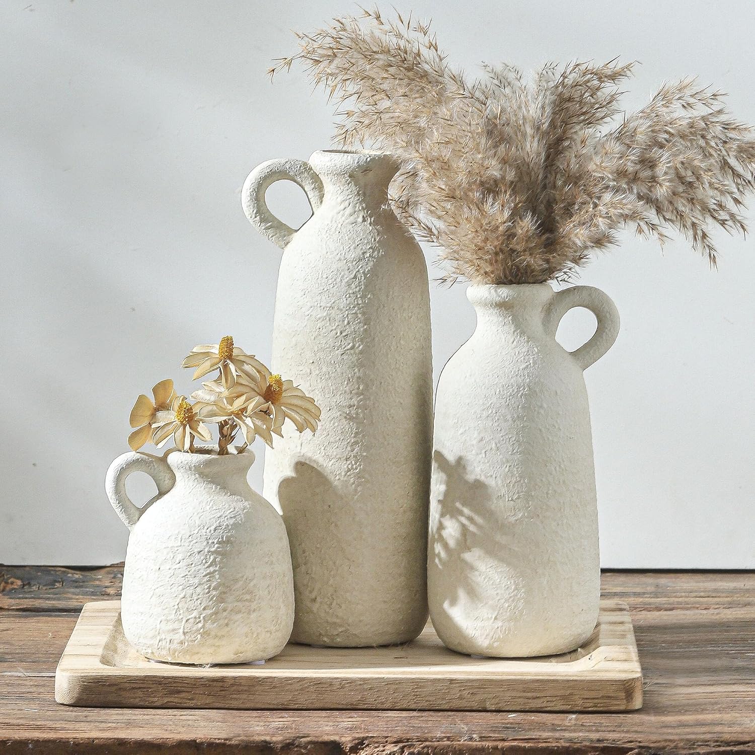 91+HpXFJ1VL._AC_SL1500_Ceramic Vase Set of 3 with Handle, Neutral Rustic Vases Home Decor Farmhouse Decorative Vase Whitewashed Pottery Decor