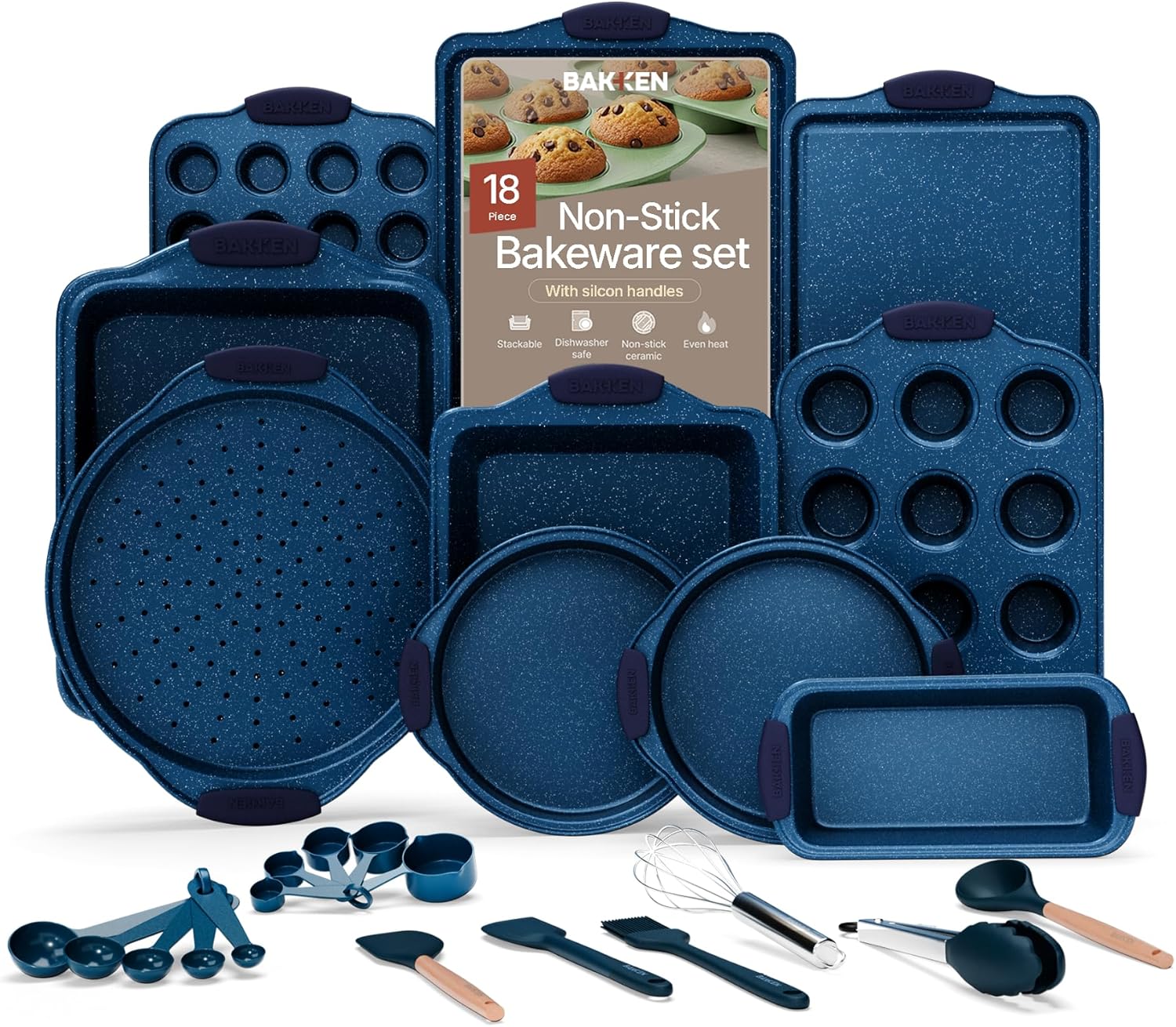 Baking Pan Set - Nonstick Coating, Carbon Steel Bakeware Sets with Blue Silicone Handles, Baking Kitchen Essentials,