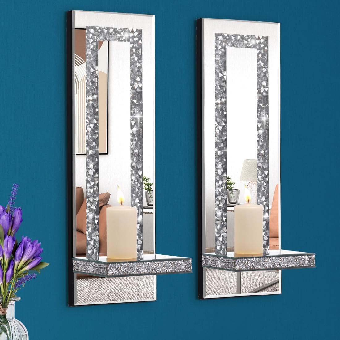 Crystal Crush Diamond Mirrored Candle Sconces,