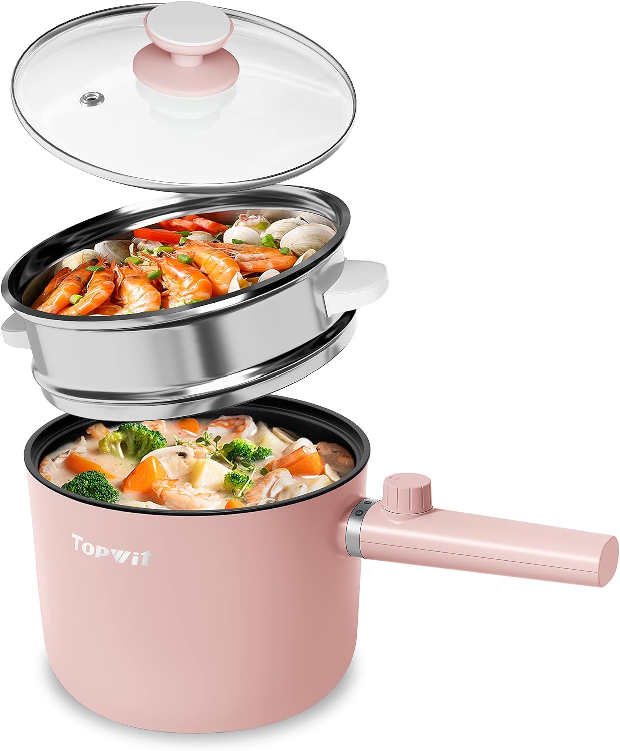 Hot Pot Electric with Steamer, 1.5L Ramen Cooker, Non-Stick Frying Pan, Electric Pot for Pasta, BPA Free,