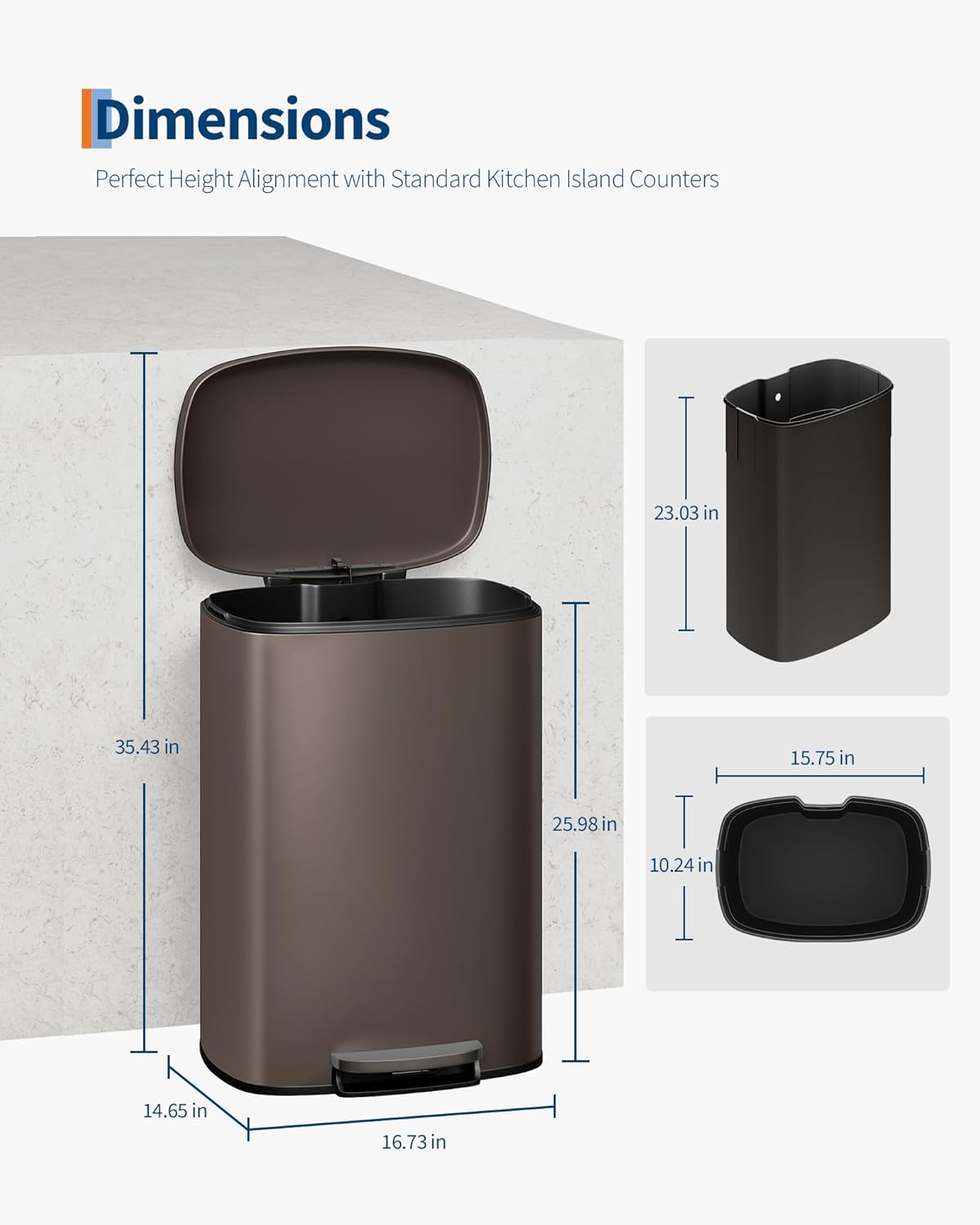 Kitchen Trash Can with Lid, Large Rustproof Garbage Can for Kitchen, Step-on Trash Bin with Inner Bucket, Rear Handle