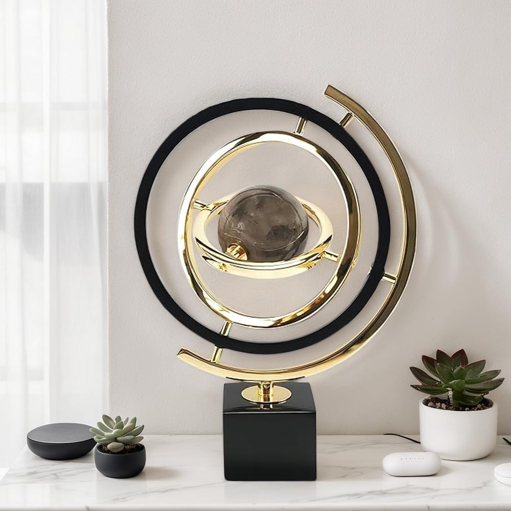 Modern Sculpture Decor, Abstract Metal Globe Art on Rectangle Stand - Black & Gold