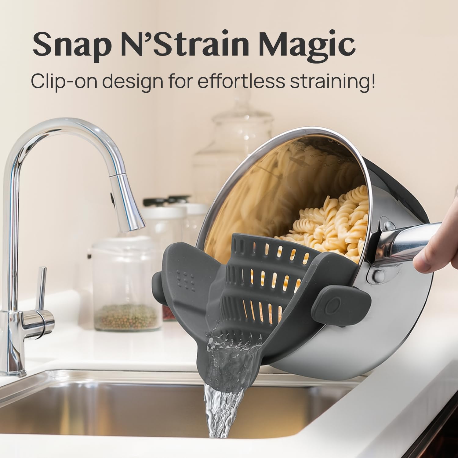 Snap N' Strain - Silicone Pasta Strainer Clip-On for Pots and Pans - Heat Resistant Colander for Vegetables and Noodles