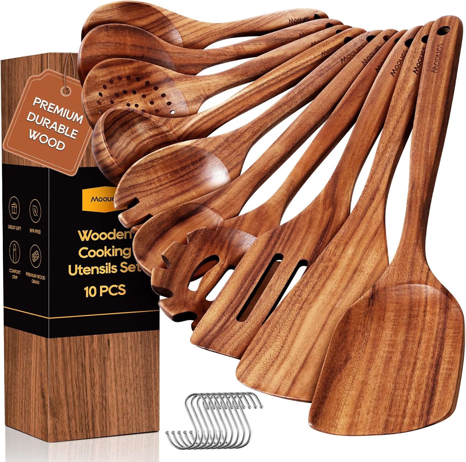 Wooden Spoons for Cooking, 10PCS Teak Wood Cookware Utensil Set with Hooks - Smooth Finish, Non-Stick