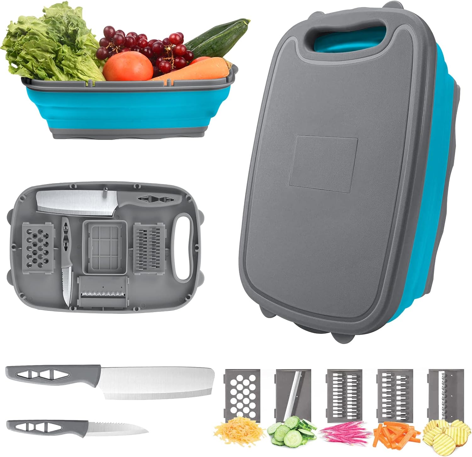 camping cutting board, Collapsible Chopping Board with Colander, 9-In-1 Multi Chopping Board Kitchen Vegetable Washing