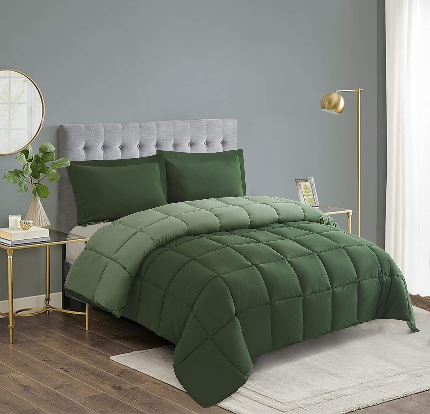 3pc Green Queen Size Comforter Set - All Season Reversible Down Alternative Bedding Comforter Set