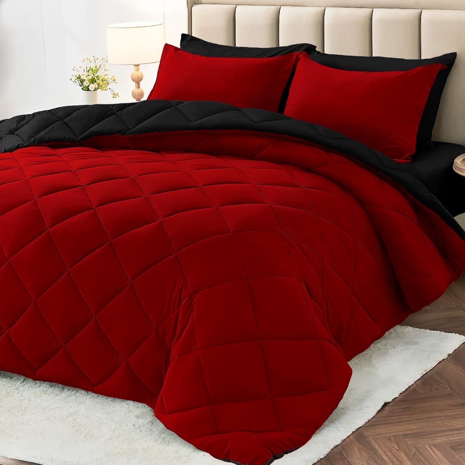 7 Pieces Queen Comforter Set, Reversible Bed in a Bag Queen Size, All Season Bedding Set