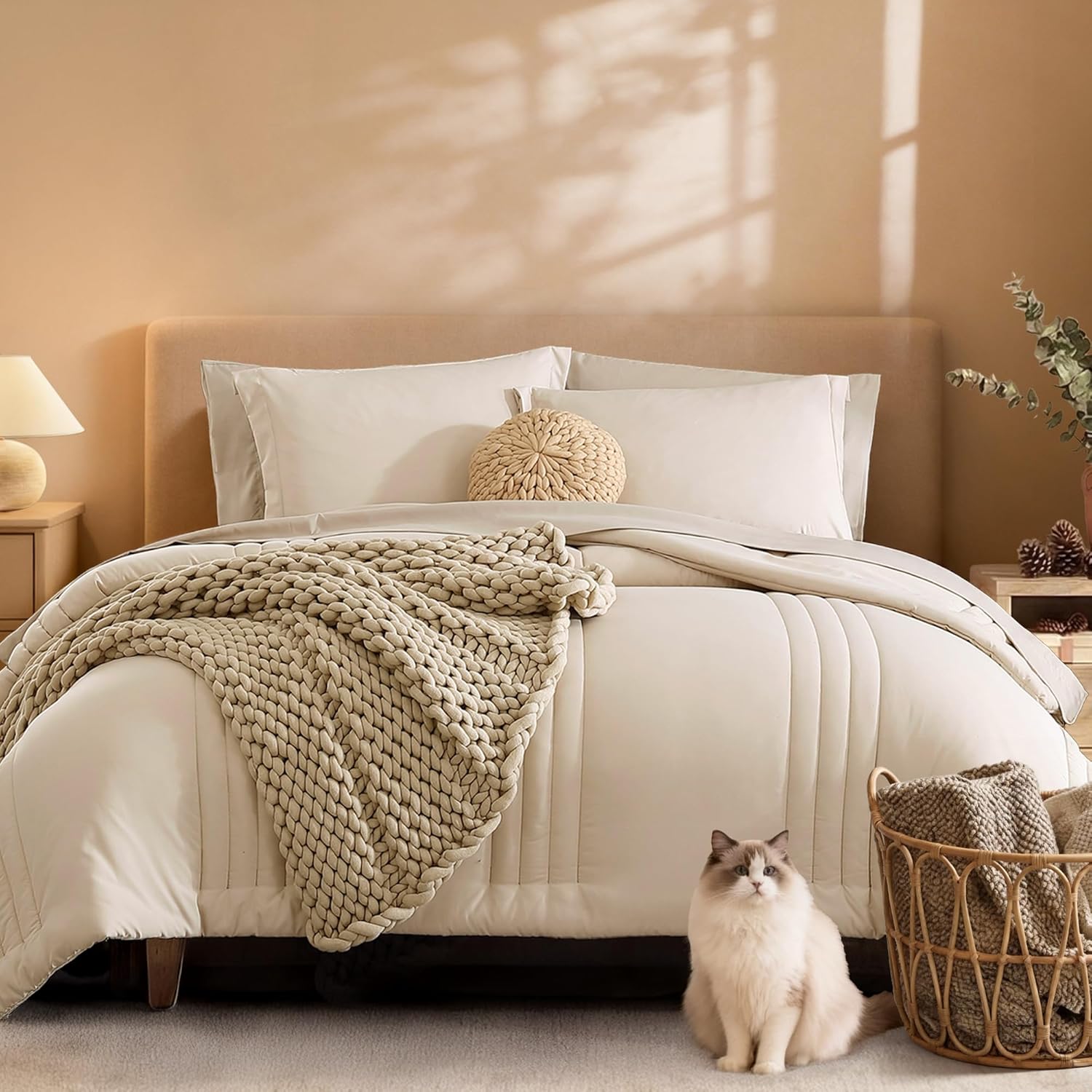 81nevg1NltL._AC_SL1500_omforter Set - 7 Pieces Beige Bed in a Bag Queen Bedding Sets with Comforters, All Seasons Comforter Bed Set