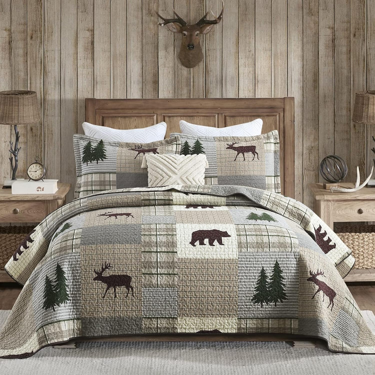 Cabin Plaid Queen Quilt Bedding Set, Forest Tree Brown Bear Deer Patchwork Reversible