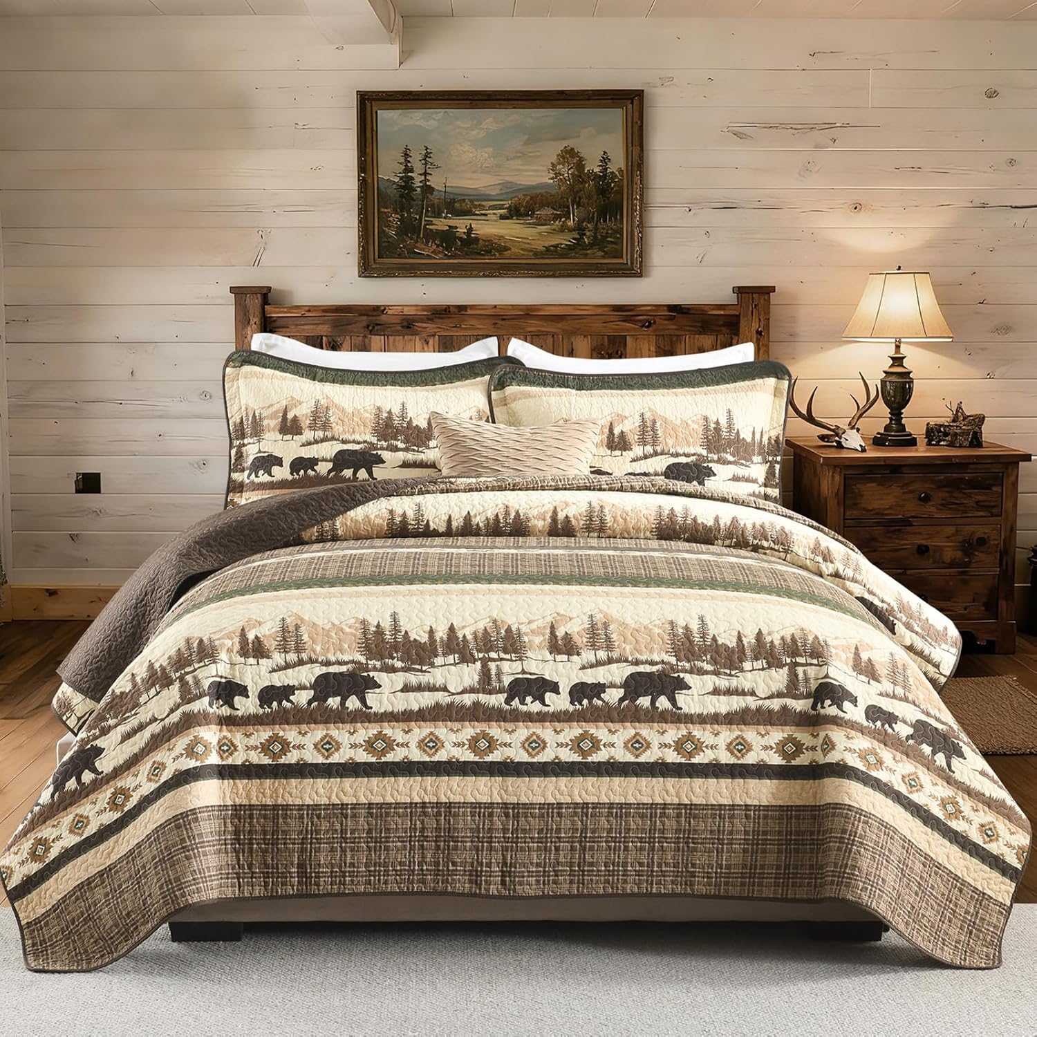 Farmhouse Quilted Bedspreads, Bear Forest Tree Striped Lightweight Comforter, Reversible Bedding Set, 3 Pieces