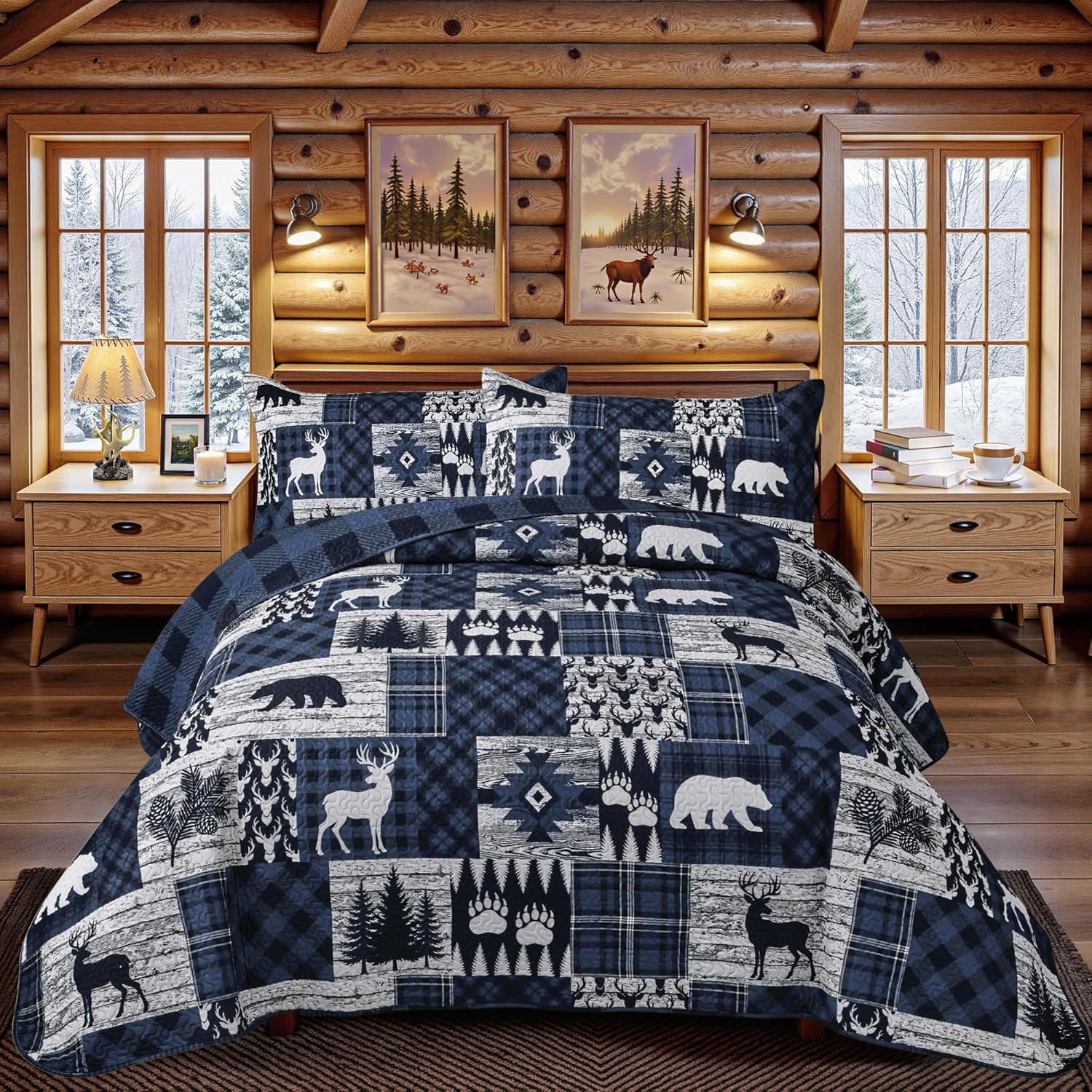 Patchwork Country Lodge Bedding Quilts Set for All Season, 106''x96'', Blue