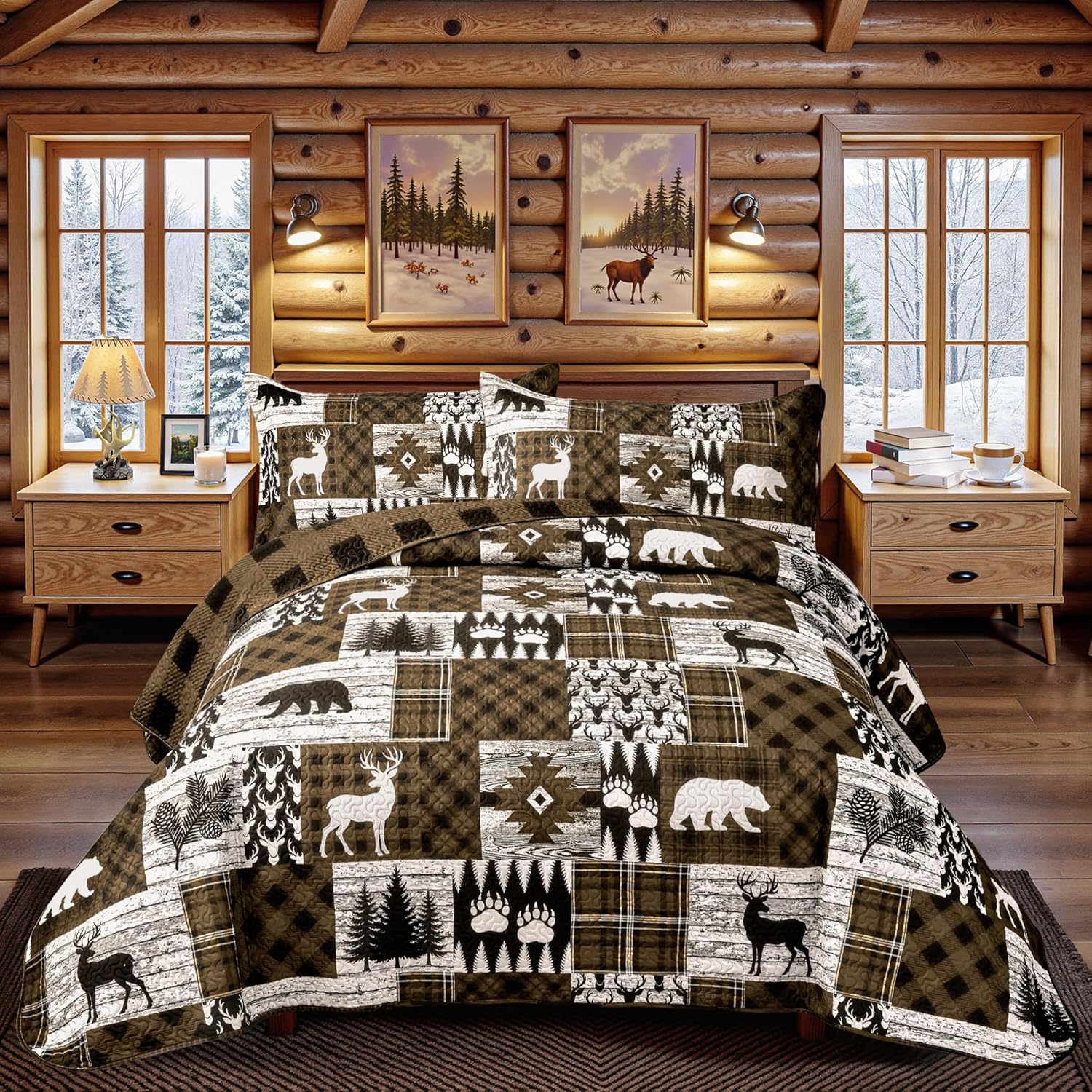 Patchwork Country Lodge Bedding Quilts Set for All Season, 90''x96'', Brown