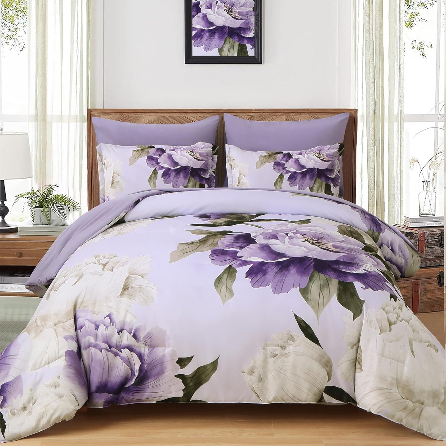 Purple Queen Comforter Set 7 Piece Bed in a Bag Queen, Purple Floral Print