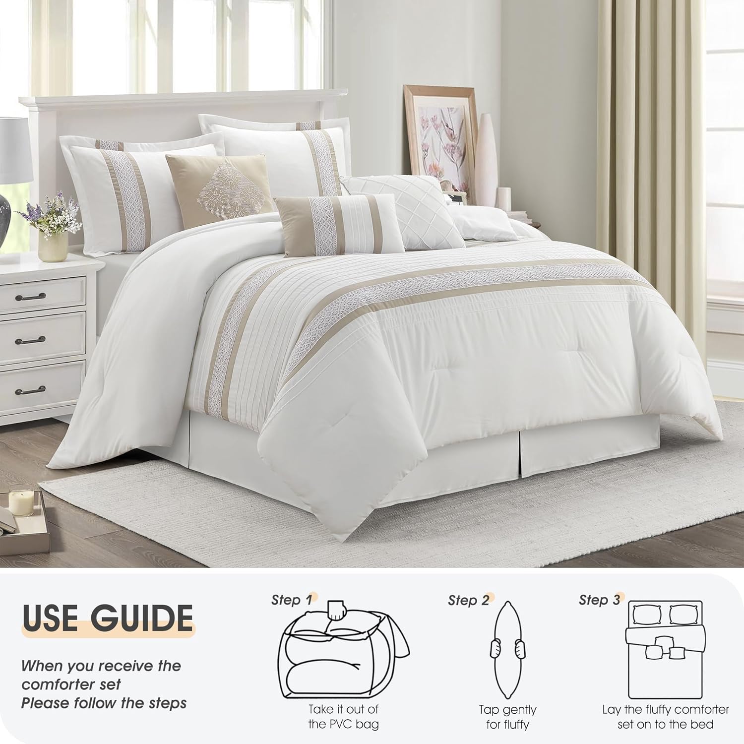 7 Piece Comforter Set, Taupe White, King Size, Boho Style Geometric Microfiber Embroidery, Bed in a Bag with Bedskirt
