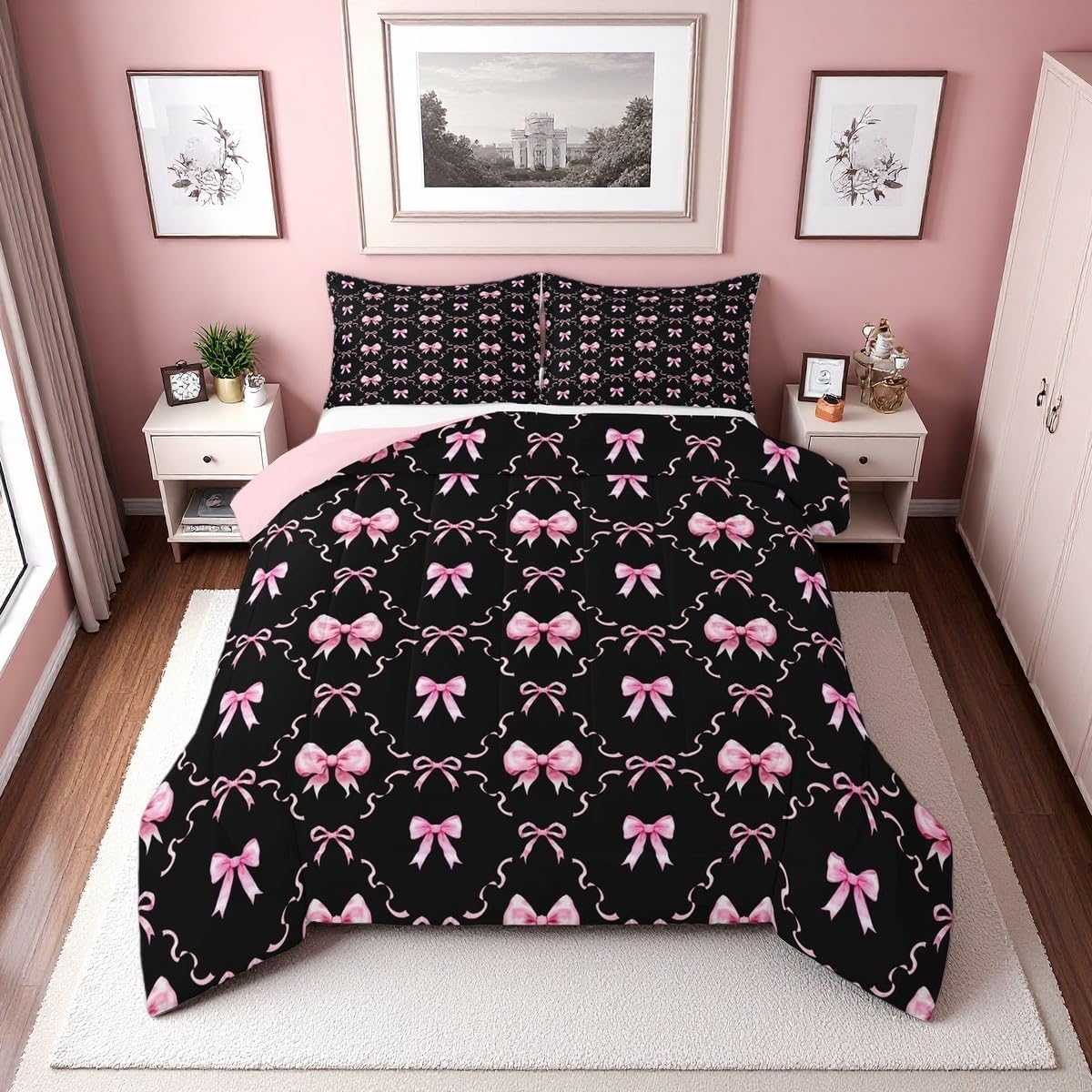 71wlv+wdTlL._AC_SL1200_Cute Pink Ribbon Bow Bedding Set for Kids Women, Coquette Bowtie Quilt, Princess Bows