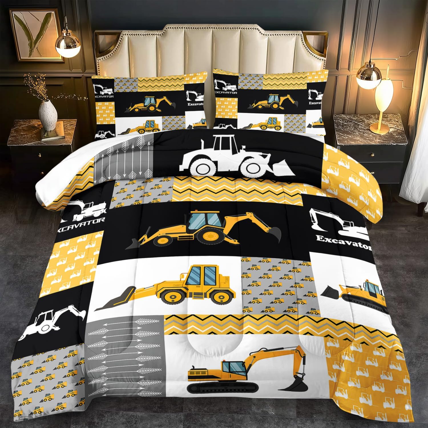 Boys,Yellow Full Construction Bedding Set,Engineering Vehicles Comforter Yellow Bedroom Decor