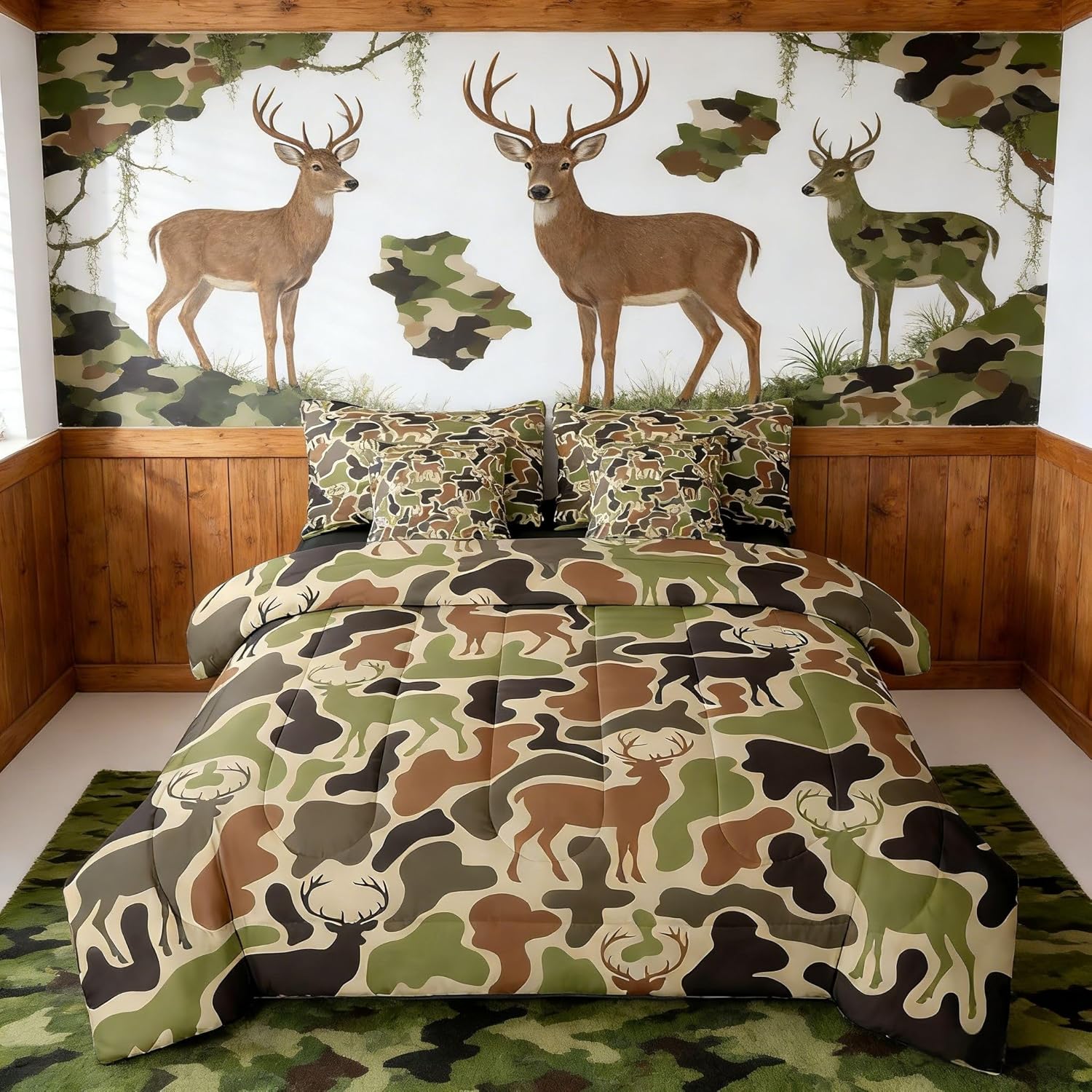 Camo Deer 7 Piece Bedding Set, Queen Size Deer Hunting Bed Set Includes Comforter