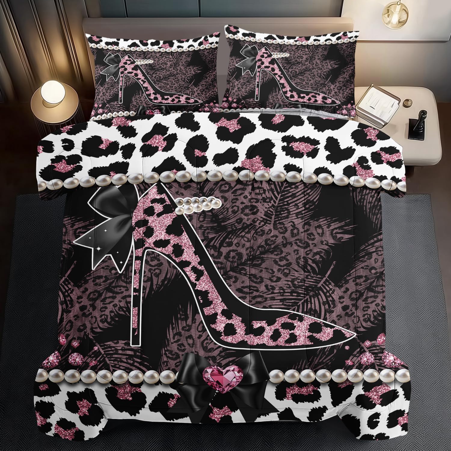 Comforter Set King GirlsRed Cheetah Print Bedding Set Women High Heels Leopard Comforter Animal Quilt