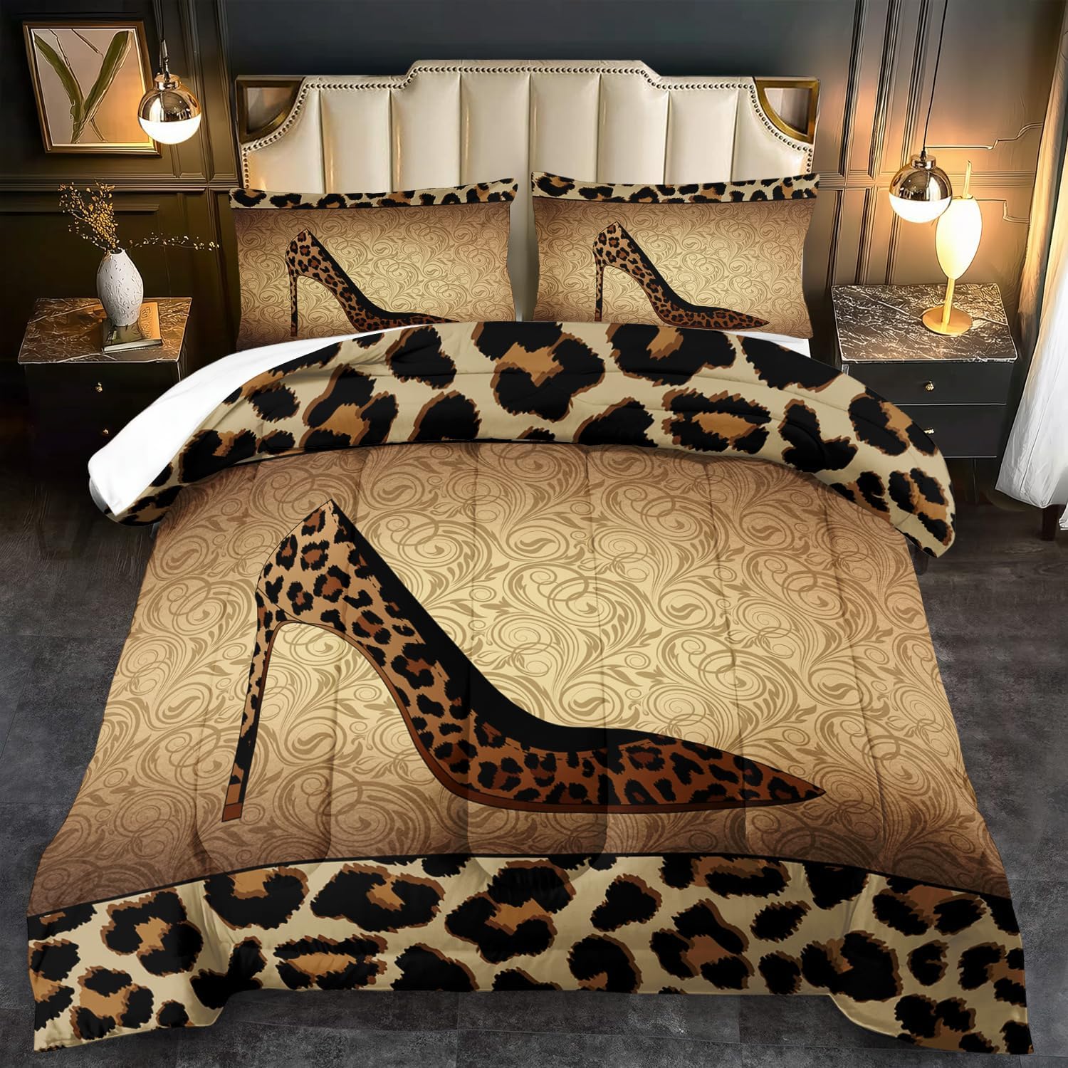 Comforter Set King Girls,Sexy High Heel Comforter for Women,Leopard Print Bedding Set