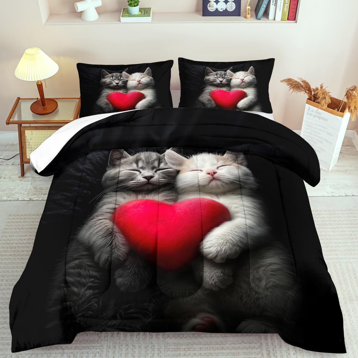 Cute Cat Comforter Set Queen,Kawaii Cat Bedding Set for Girls,Cute Animal Comforter Red Love Heart Bedding