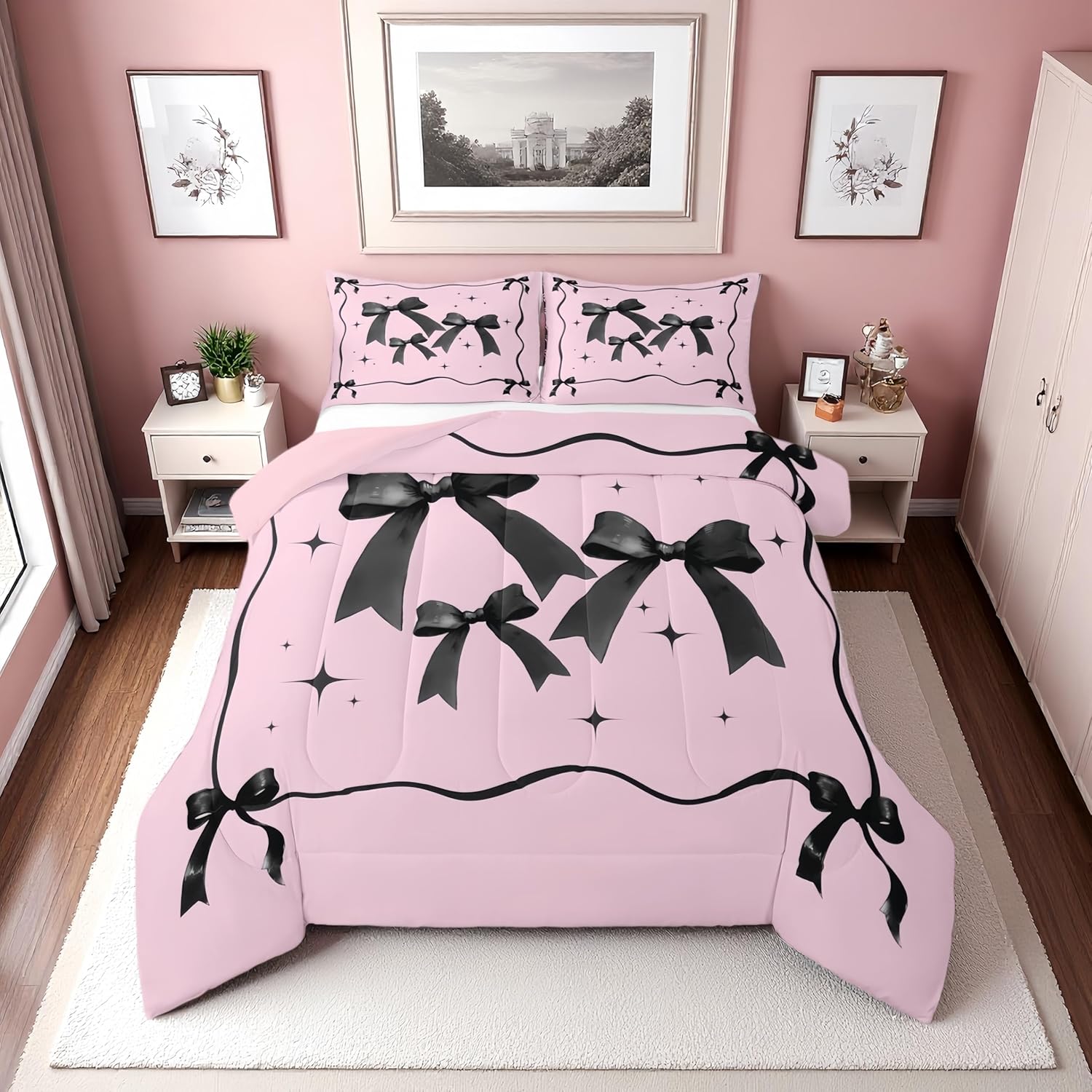 Cute Pink Bow Tie Quilt, Kawaii Bowknot Bedroom Decor, 2 Pillowcases