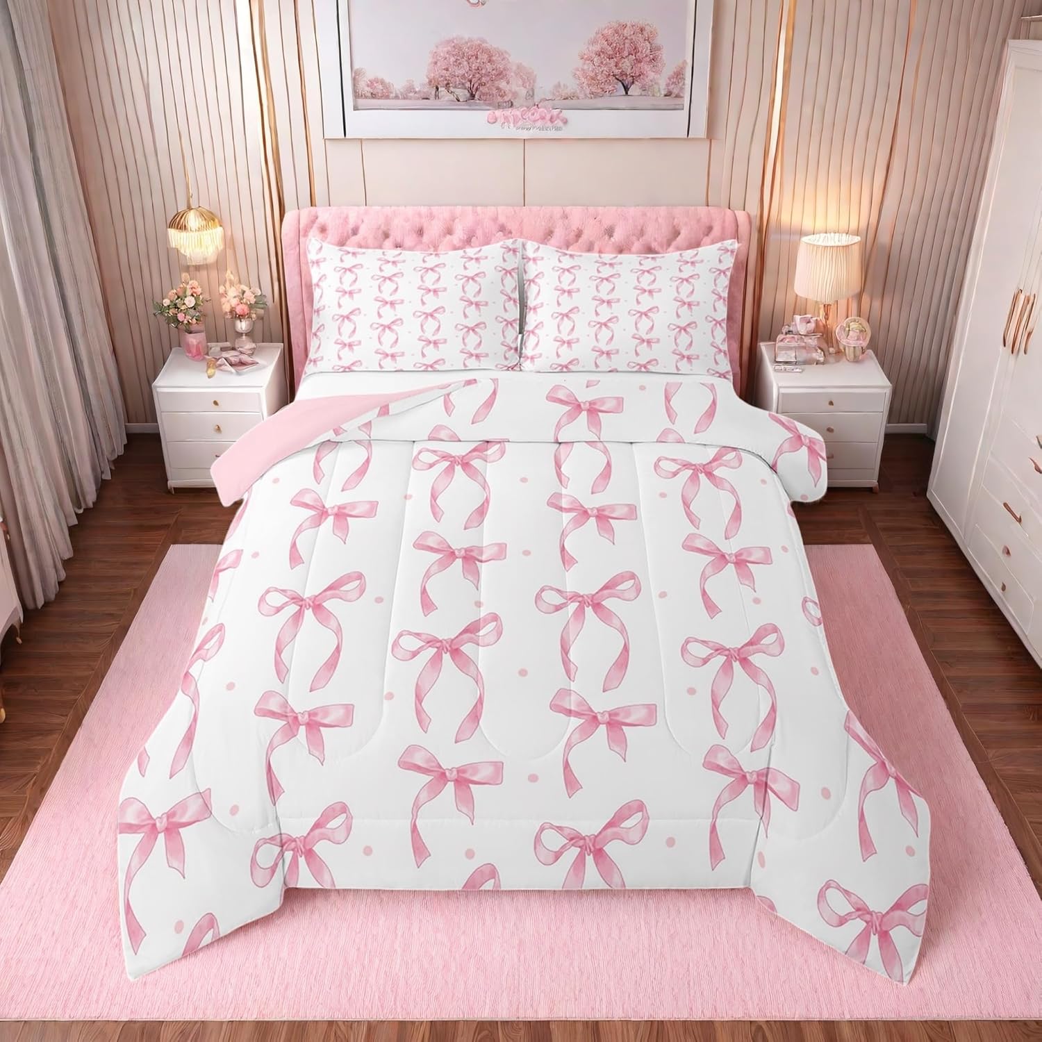Girls Pink Bow Full Comforter Set,Bowknot Princess Bedding Set for Kids Girls Room