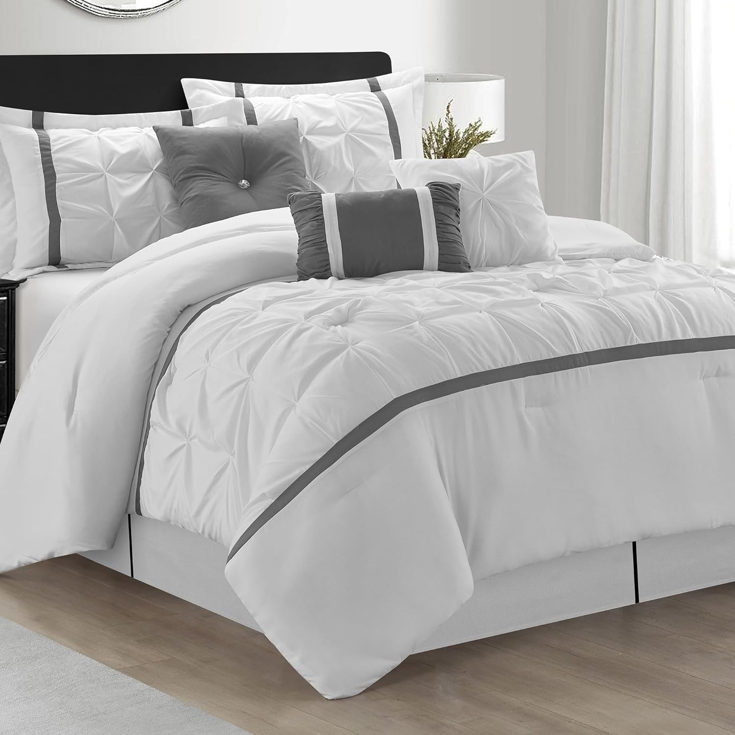 White Grey Comforter Set, King, 7 Piece Bed in a Bag, Microfiber Handcrafted Pintucking