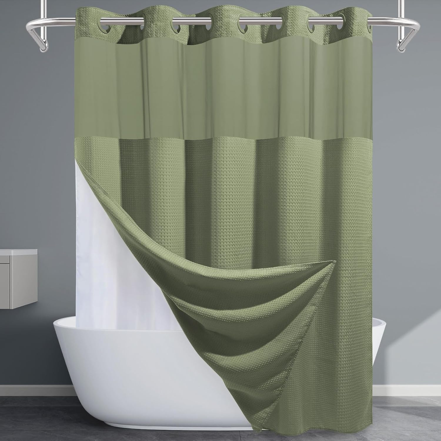EUTXL Sage Green Hotel Shower Curtain - 230GSM Waffle Textured Heavy Duty