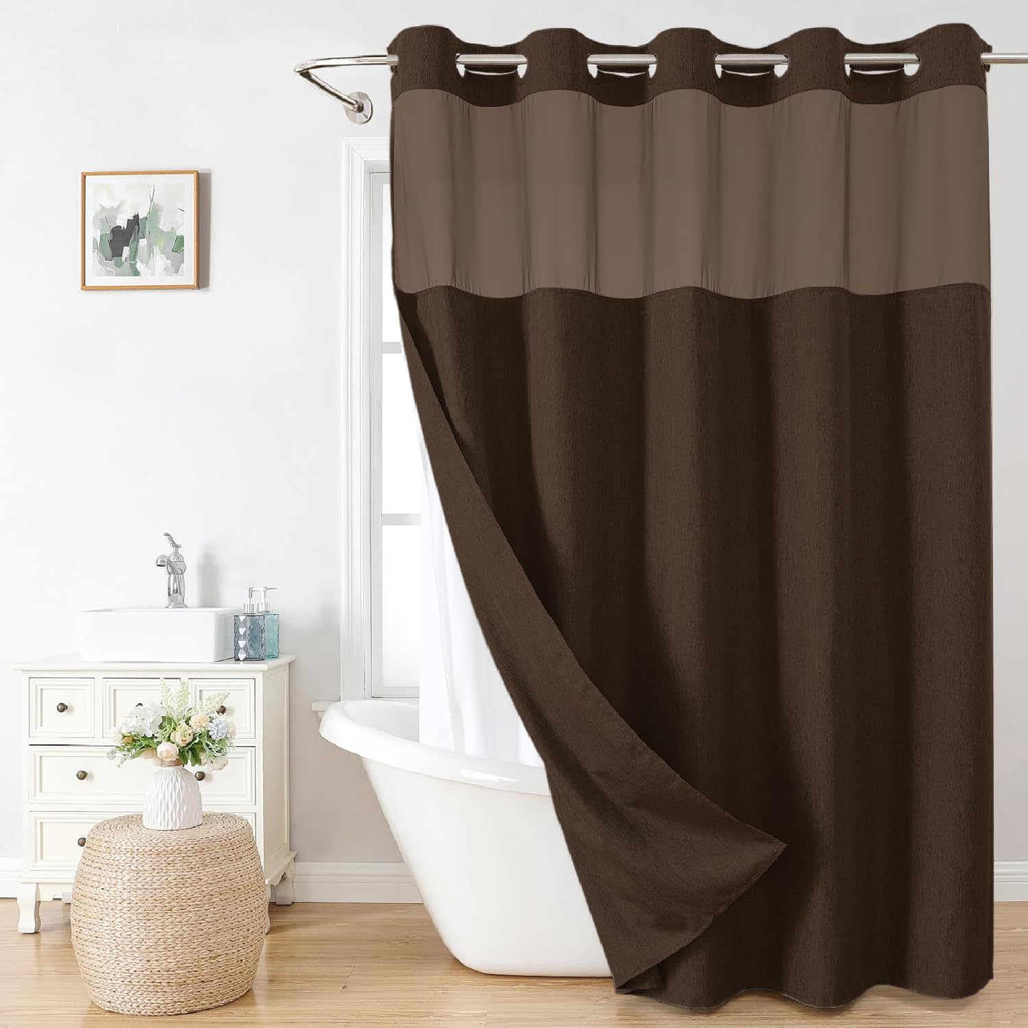 No Hooks Needed Linen Textured Shower Curtain with Snap-in Fabric Liner Set