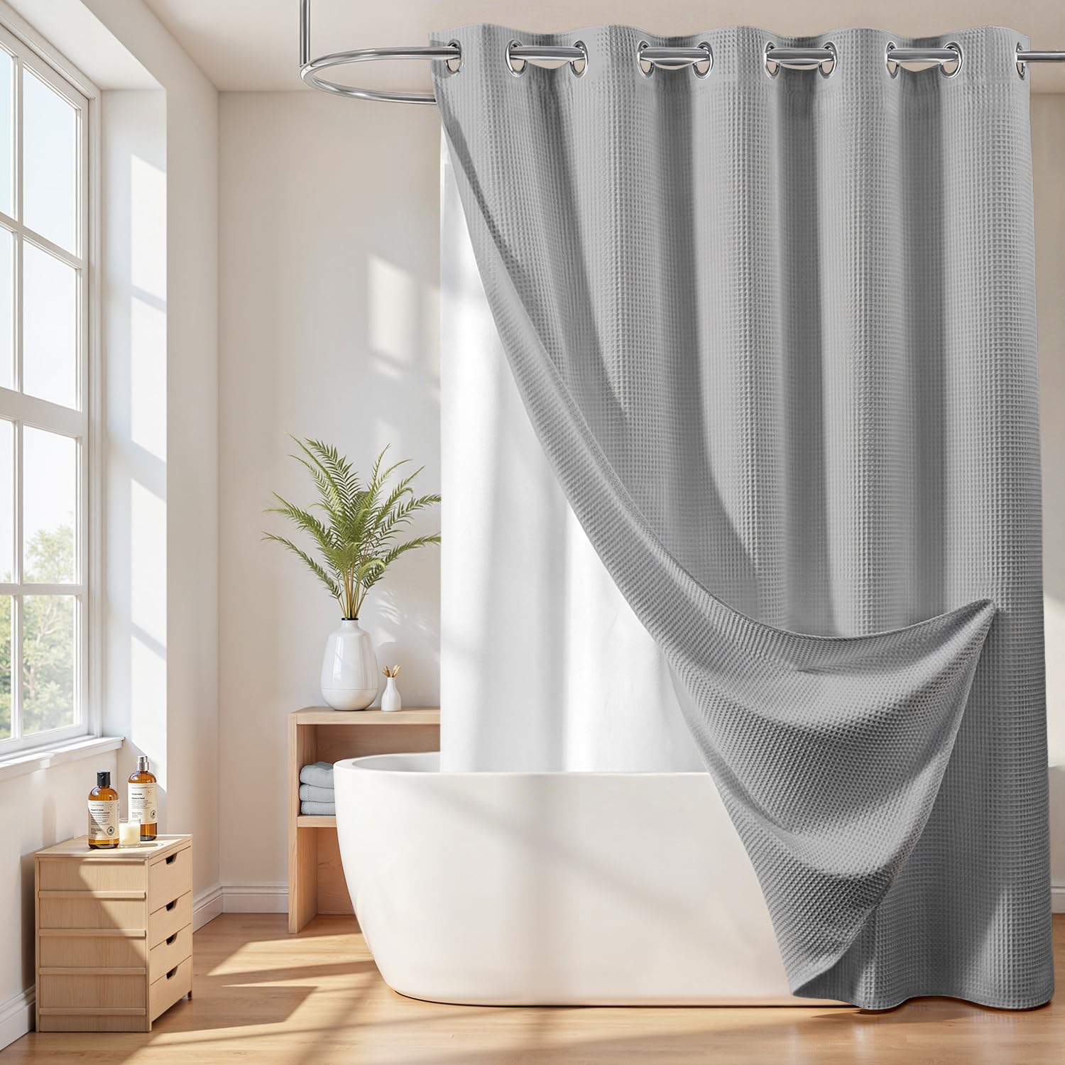 River Dream Grey Cotton Blend Shower Curtain with Snap in Liner, No Hook Heavy Duty Shower Curtains
