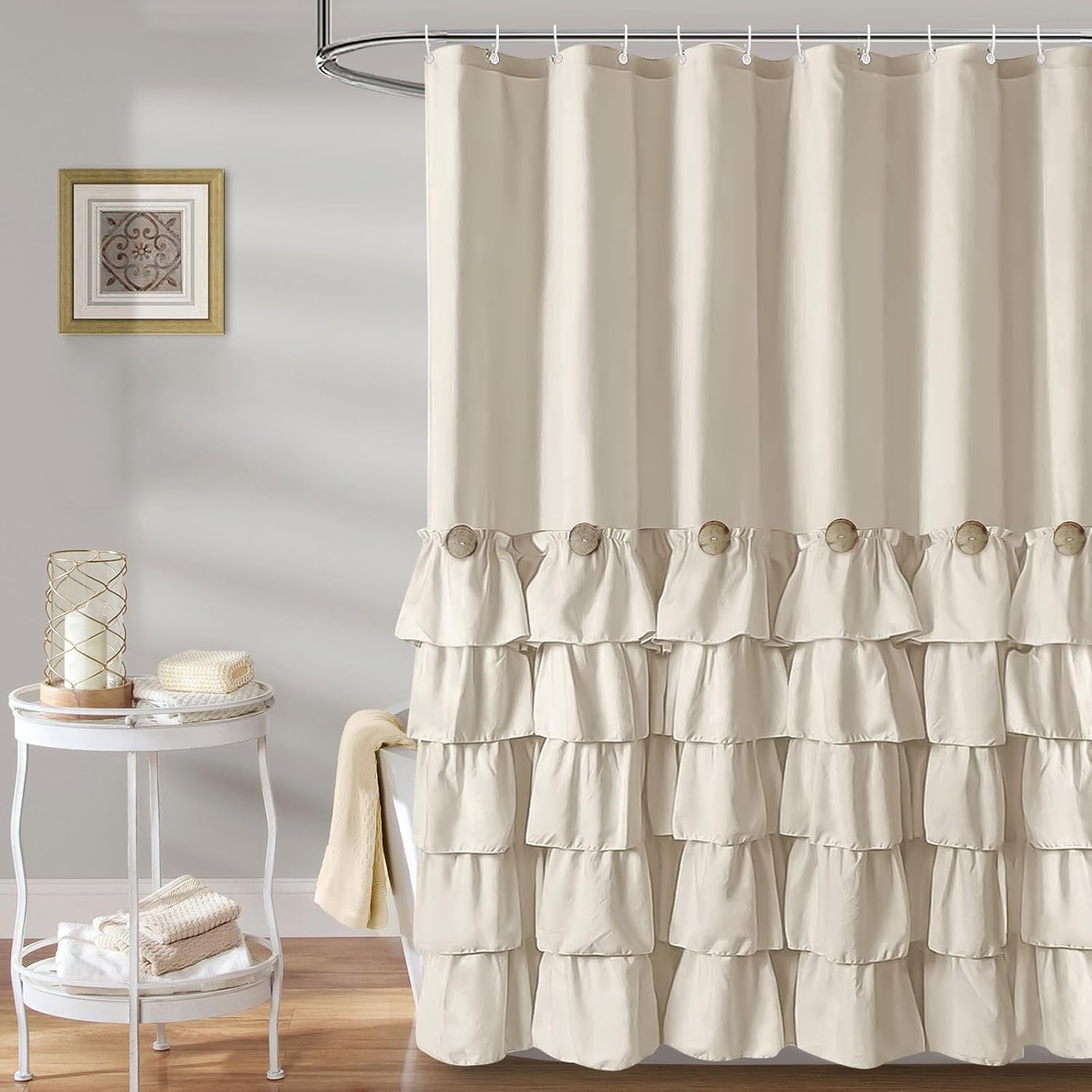Seasonwood Beige Ruffle Shower Curtain Neutral Shower Curtain Button Design